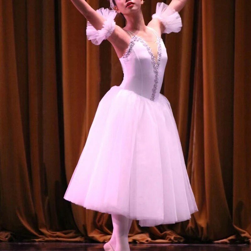 Vestido Tutu Ballet para Meninas, Collant De Ginástica, Longos Vestidos Brancos, Princesa Bailarina Dance Costume, Vestido de Festa de Aniversário