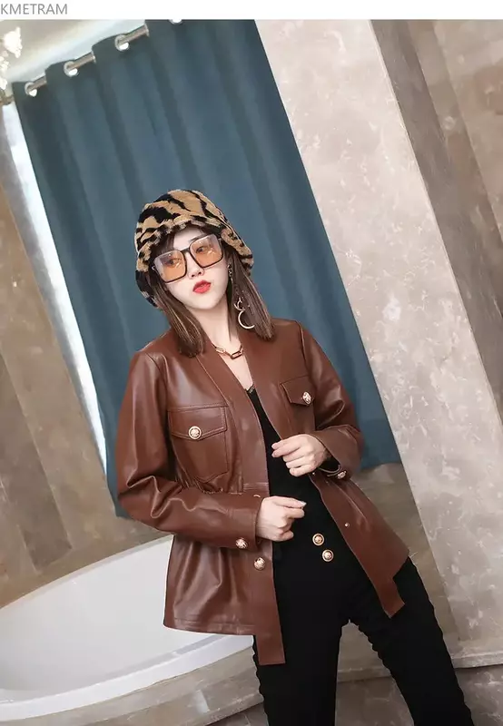 Chaqueta de piel auténtica para mujer, abrigo ajustado con cuello en V, moda coreana, cintura elástica, SGG, 2024