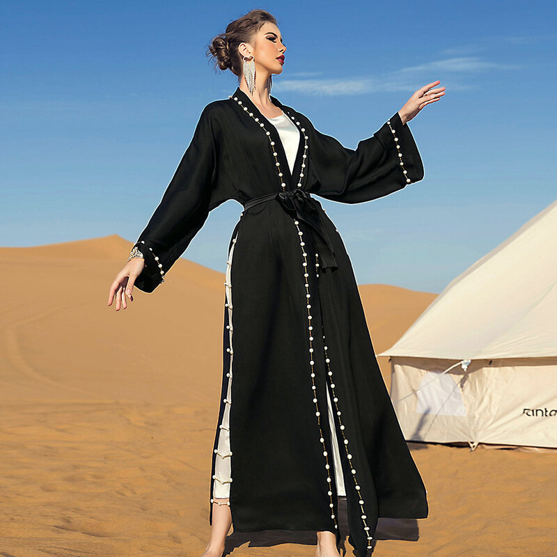 Abaya terbuka manik-manik untuk wanita kardigan Kimono hitam Lebaran Ramadan Jalabiya pakaian Islami jubah Arab Dubai Turki gaun Kaftan
