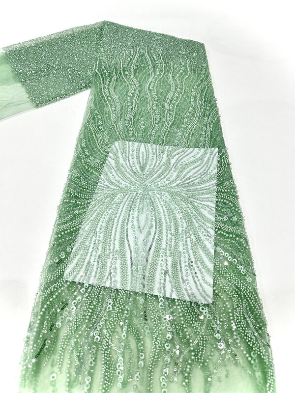 Tela de encaje con cuentas de lentejuelas africanas verdes, tejido de encaje francés Nigeriano para boda, alta calidad, 5 yardas, 2024