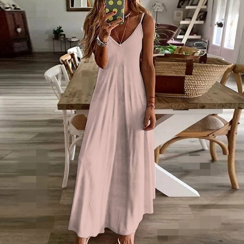 로즈 골드 단색 민소매 드레스, 시크하고 우아한 이브닝 드레스, 여성용 여름 의상, 2023