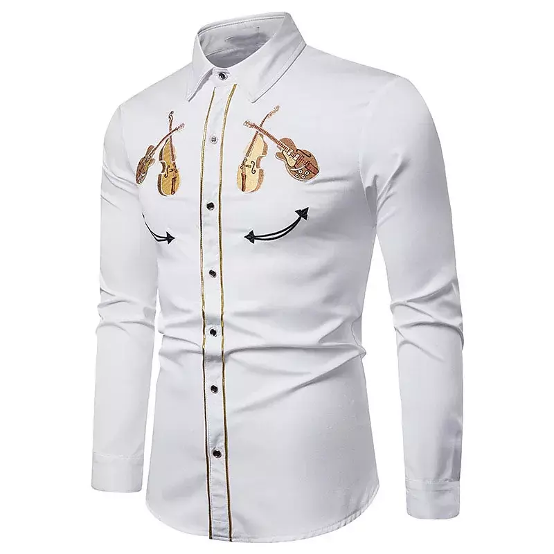 Модная мужская рубашка с отложным воротником и длинным рукавом, удобная мягкая Повседневная футболка с рисунком в виде музыкального инструмента, модель 2023 большого размера