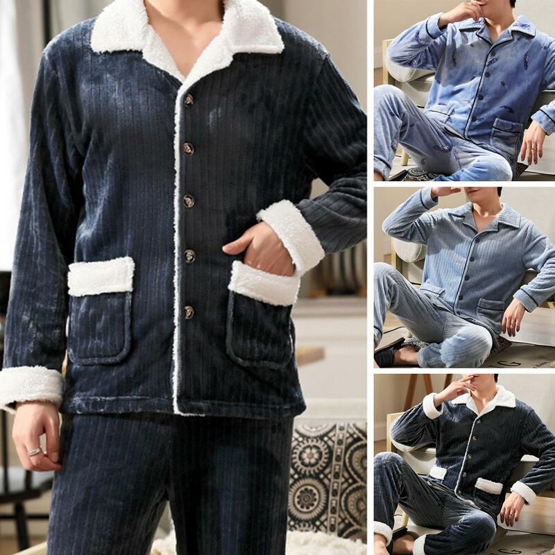 Single-row Button Fastening Pajamas Men's Winter Pajamas Set with Lapel Striped Top Elastic Waist Pants Thick Warm Soft for Men