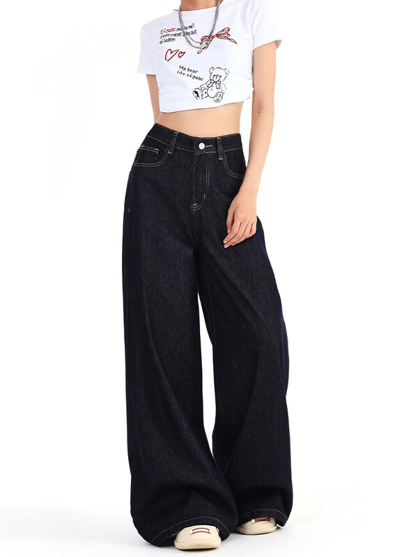 Женские джинсы с широкими штанинами, винтажные прямые брюки с высокой талией в стиле Харадзюку, новинка 2024, женские свободные джинсовые брюки, уличная одежда