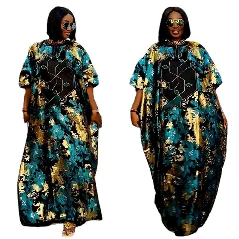 Vestidos con estampado africano para mujer, ropa holgada tradicional nigeriana, azul y amarillo, caftán Abaya musulmán, 2023