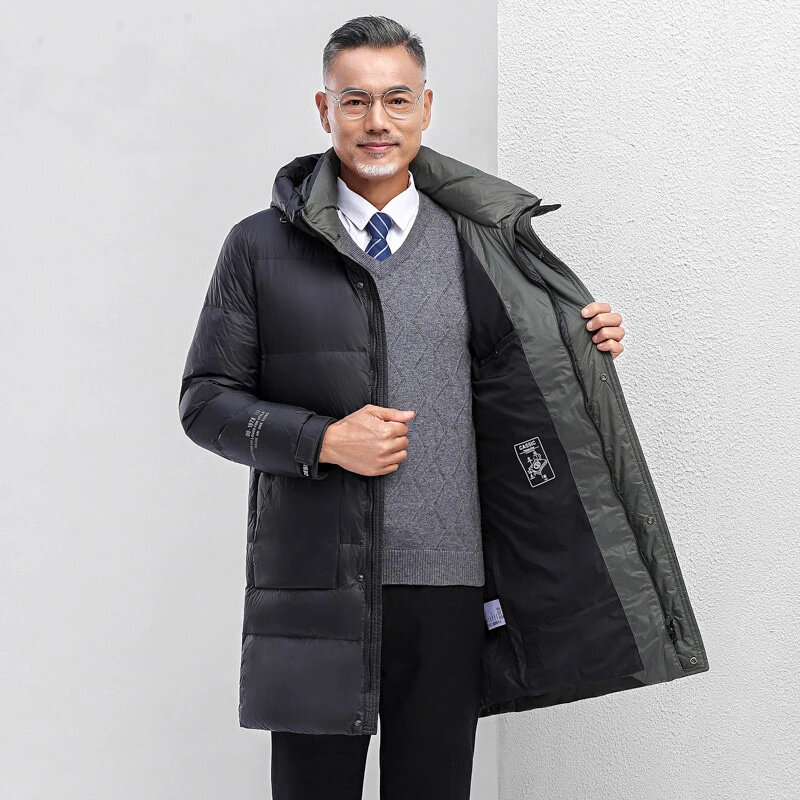 Jaket bertudung untuk pria, jaket setengah panjang tebal luar ruangan warna putih bebek hangat kantong besar kasual warna hitam parka musim dingin