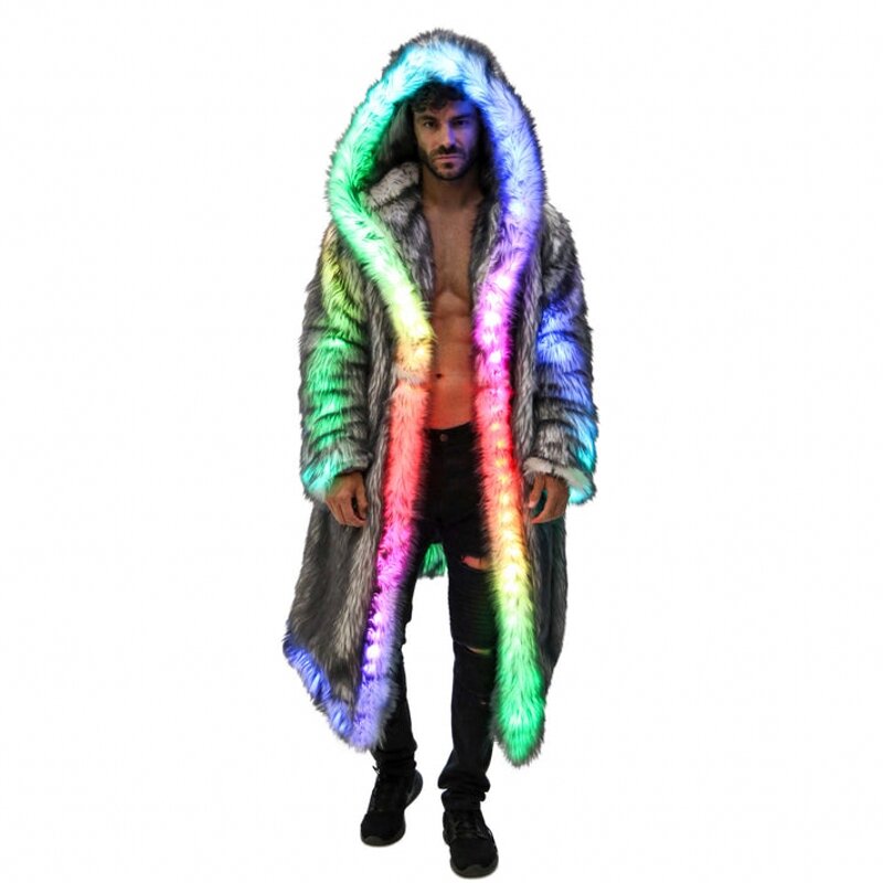 New LED Faux Fur Coat for Men Hooded Comfortable Thickened Winter Coat  Multi-Scene Personalized LED Stage Dance Party Costume
