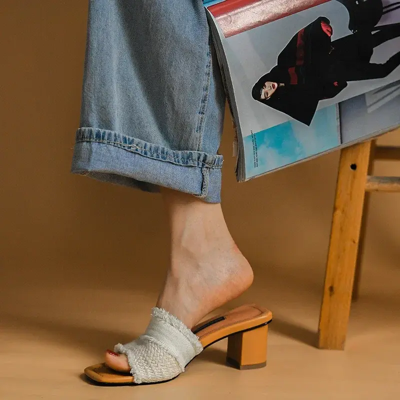 Women Open Toe High Heel Slippers Retro Chunky Heel Platform Slides 2024 New Summer Breathe Comfort Sandals zapatillas