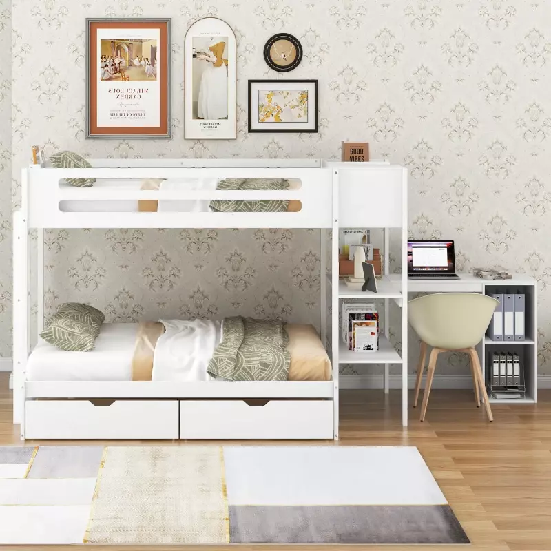 سرير توأم خشبي مع أدراج ، فوق طابقين كاملين ، أرفف ، خزائن ، مكتب على شكل حرف L ، حامل المجلات ، أبيض