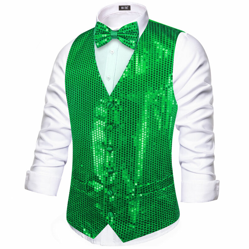 Hi-Tie Sequin Jacquard Collar Suit Green Solid Vest Slim Fit Waistcoat for Wedding Groomsmen V-Neck Tuxedo Sleeveless Jacket