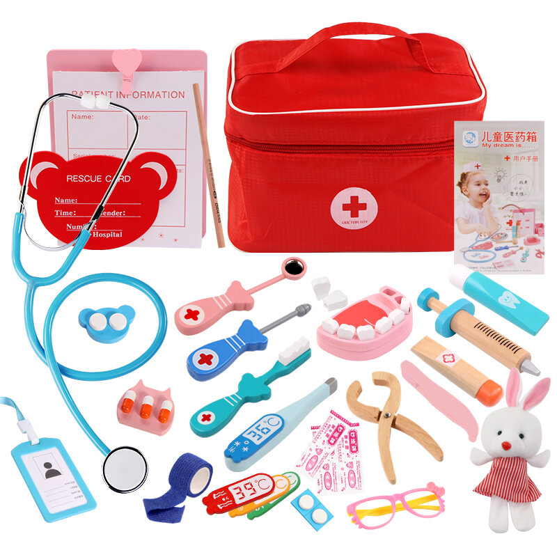 Drewniane udawaj zagraj w lekarza Educationa zabawki dla dzieci Kid Medical Simulation medycyna skrzynia zestaw dla dzieci zainteresowania
