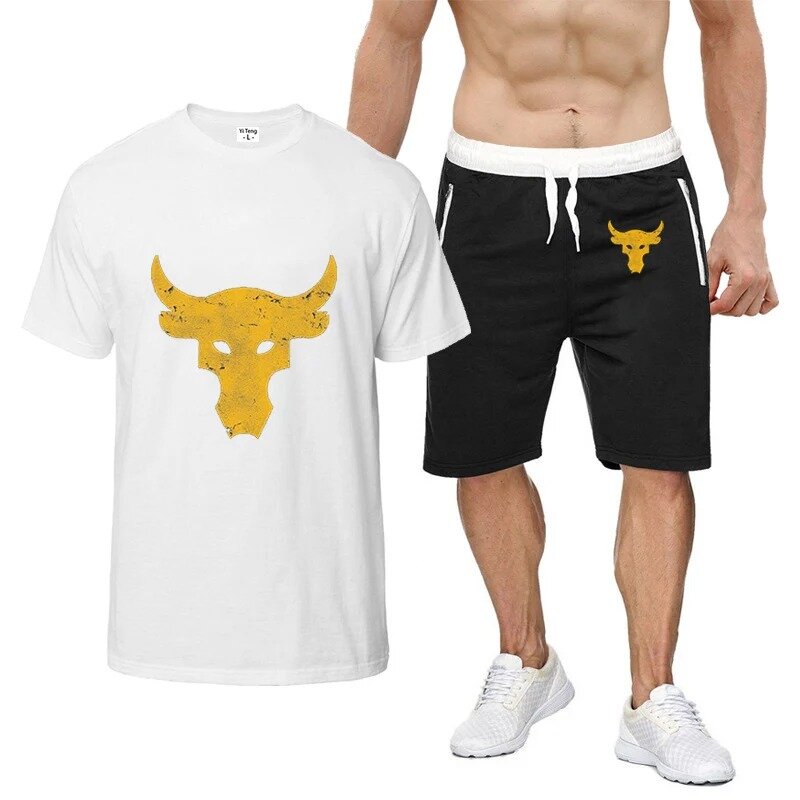 2024 Summer Men's Dwayne Johnson Brahma Bull Tattoo Logo Print Loose Round Neck Short Sleeve Tops+Sweatpants Fitness Sports Sets
