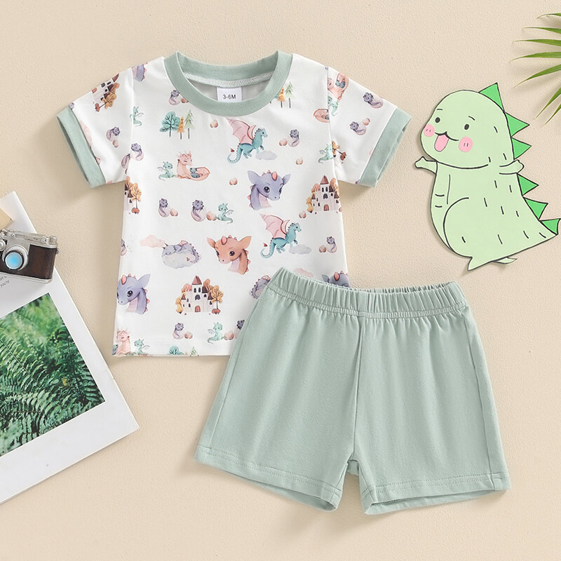 VISgogo-Conjunto de verano para niño pequeño, camiseta de manga corta con estampado de animales de dibujos animados y cintura elástica, pantalones cortos de Color sólido