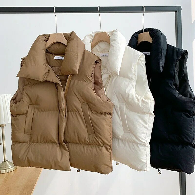 Colete de algodão feminino, casaco sem mangas, colarinho em pé, outerwear solto, outono e inverno