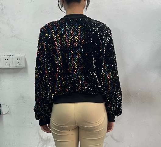 Jackets for Women 2023 New Autumn and Winter Stand Collar Daily Commuting Colorful Allover Sequin Zipper Design Puffer Jacket