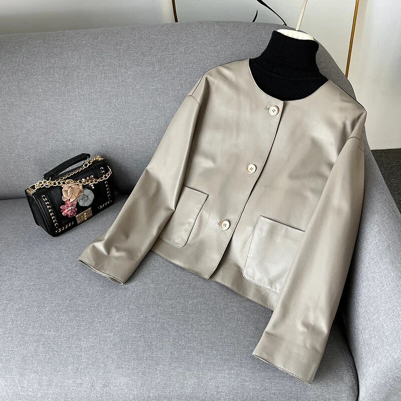 2024 New Genuine Leather Jacket Women's Pure Sheepskin Coat Spring Short Style Simple Clothes Women Clothing Roupas Femininas