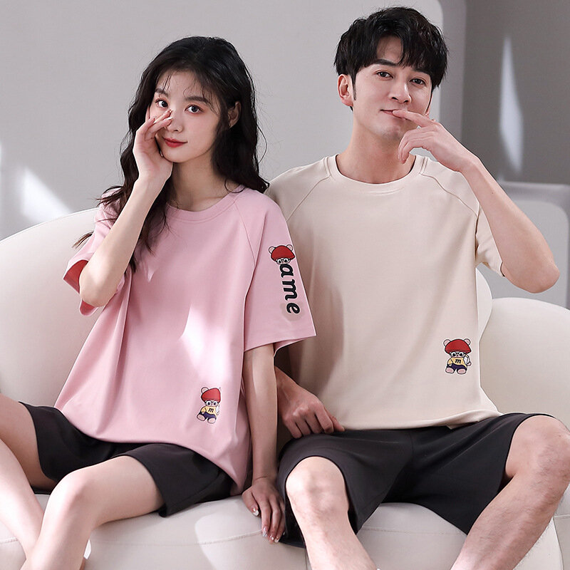 Set piyama katun Korea pasangan, atasan tidur pendek celana pendek pria dan wanita cocok pakaian rumah kasual santai musim panas