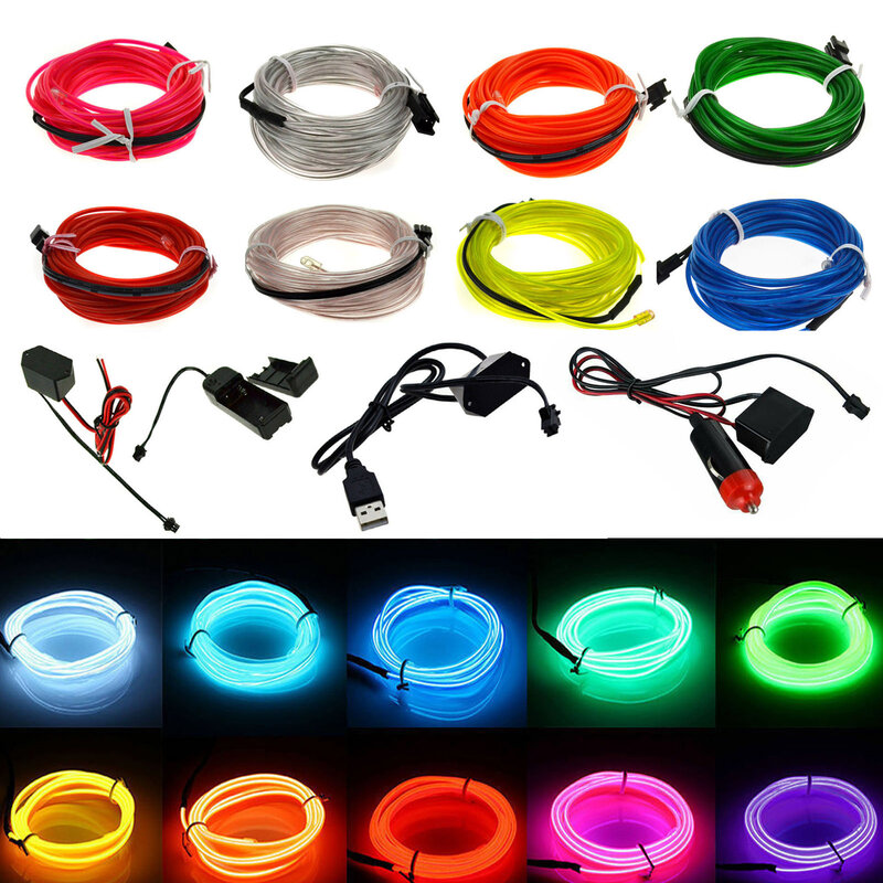 Flexible Neon Glow Car Light, EL Wire, LED, Corda Impermeável, DIY, Festa, Quarto, Decoração de Roupas, 1m, 2m, 3m, 4m, 5m