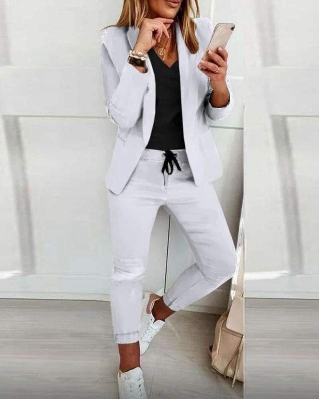 Модный женский комплект из двух предметов, Осенний Женский блейзер с отложным воротником, пальто, брюки на шнуровке, костюм, женский повседневный комплект 2023