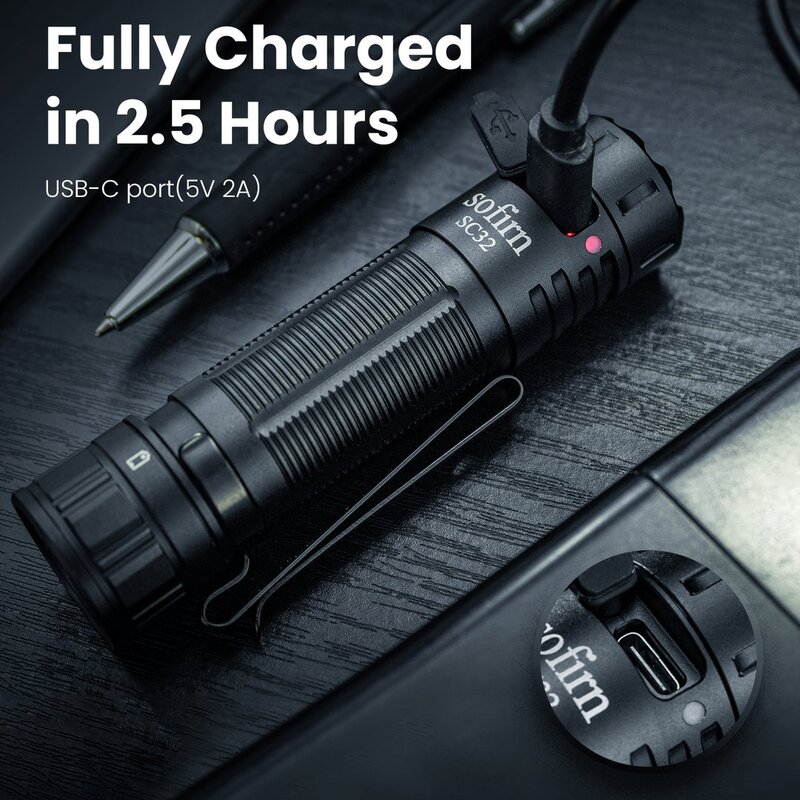 Sofirn SC32 2000lm 18650 EDC Flashlight SST40 LED USB C Portable Rechargeable IPX8 Light With Electronic Tail Switch Torch