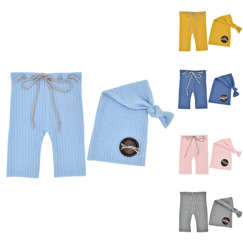 Pakaian Fotografi Baru Lahir Topi Simpul Atas + Celana 2 Buah/Set Alat Peraga Foto Bayi Laki-laki Perempuan Aksesori Studio Pakaian Menembak Baru Lahir