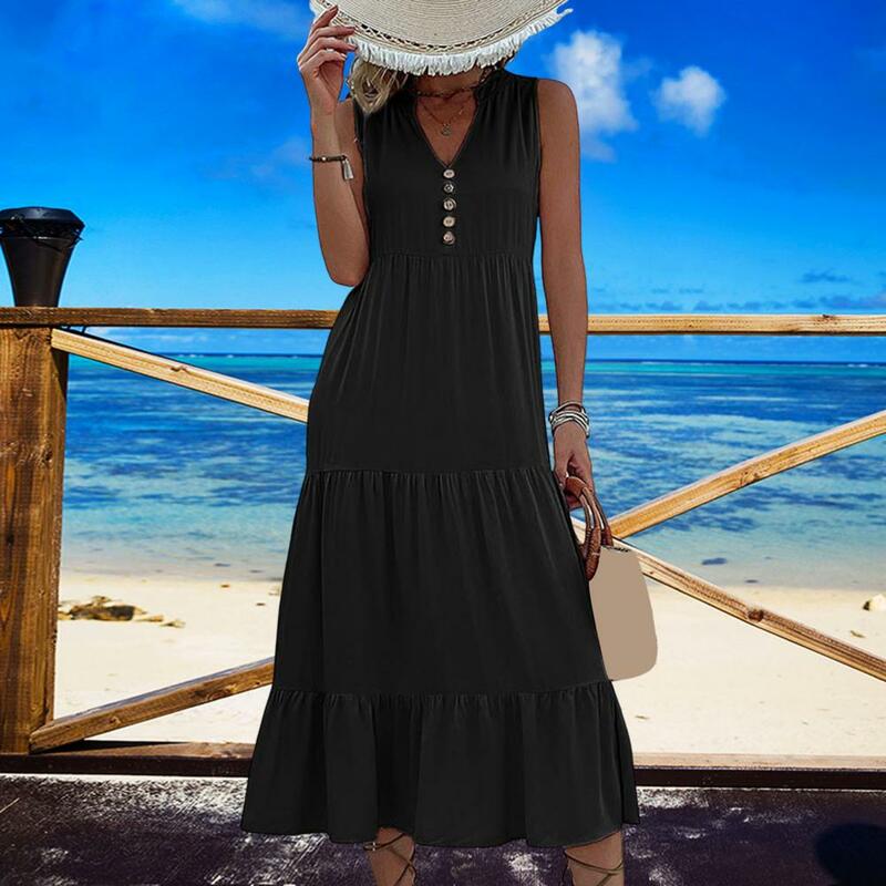 Sexy Elegant Women Summer Dress V Neck Sleeveless A-line Hem Big Swing  Vacation Beach Midi Dress Women Robe Loose Midi Dress
