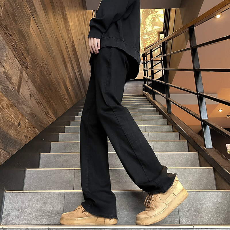남성용 한국 개성 있는 스트레이트 블랙 와이드 레그 팬츠, 빈티지 남성 바지, 2024 가을, 겨울 패션, A82, 신상