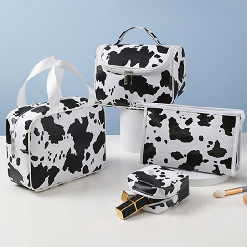 Borsa cosmetica personalizzata con motivo a mucca borsa da toilette di grande capacità borsa da trucco portatile stile quadrato trasparente per le donne