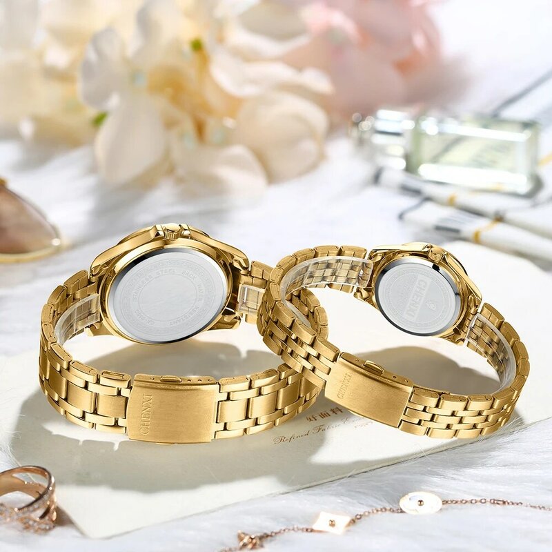 CHENXI Watches Brand Luxury Stainless Steel Gold Watch for Men Calendar Week Quartz Clock Waterproof Couple His Hers Watch Sets