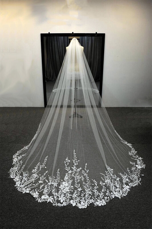 sparkling White Ivory Long Bridal Veils Wedding Veil Lace Appliques Soft Net Cathedral Veil velos de novia  voile de mariée