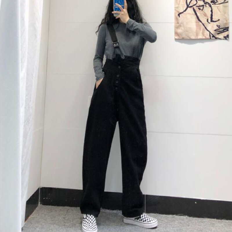 Straight Mopping Fall Korean Style Button One-shoulder Adjustable Wide Leg Trousers All-match Students Overalls Women Jumpsuits