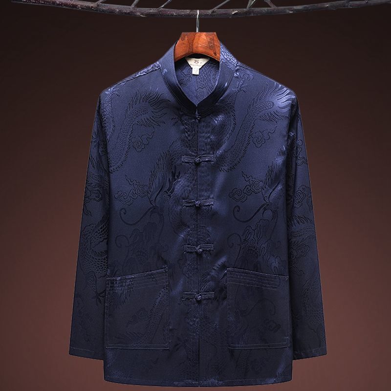 Chiński wzór smoka Retro strój Tang Kung Fu Tai Chi ubrania męskie Hanfu Fu Cheongsam z koszula z kieszeniami długa koszula