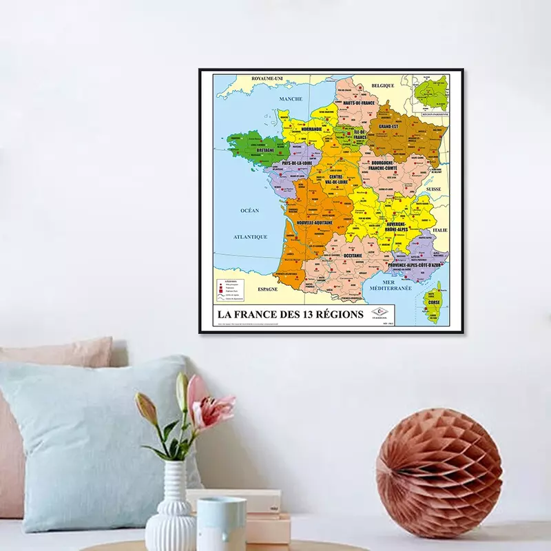 60*60cm The France Map In French Spray Canvas Painting Wall Art Poster Classroom Home Decoration Children School Supplies