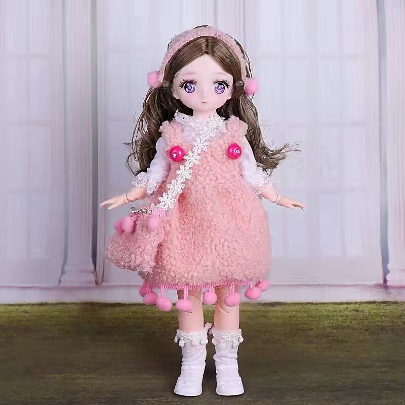 Boneka BJD lucu 30cm anak perempuan 6 poin, boneka bergerak bersama dengan pakaian Fashion gaun rambut lembut hadiah ulang tahun mainan anak perempuan baru