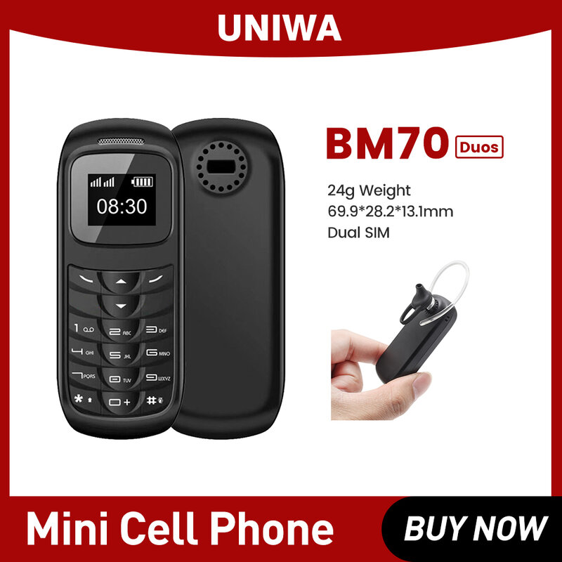 UNIWA BM70 DUOS ponsel Mini Stereo, Earphone Bluetooth nirkabel GSM Super tipis 2G