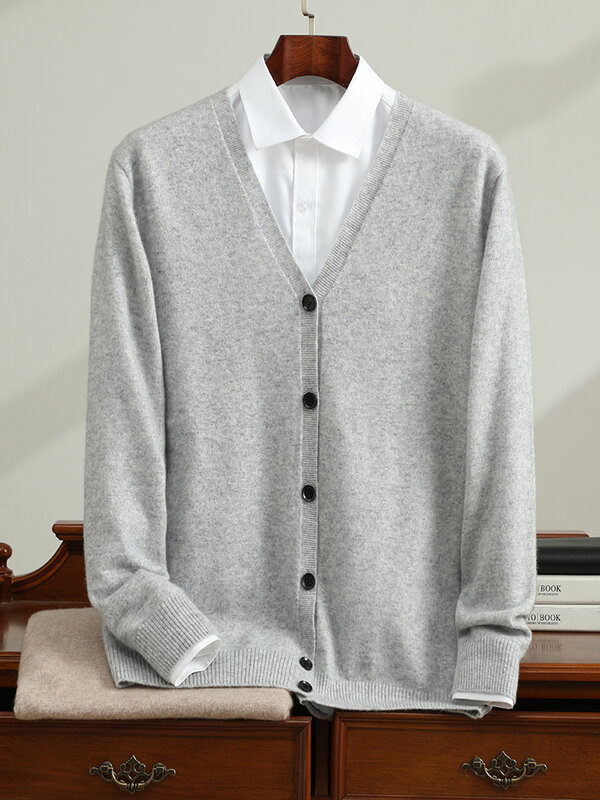 メンズヤギカシミア長袖Vネックカーディガン、ニットジャケット、単色セーター、高品質の衣類、秋冬、100%