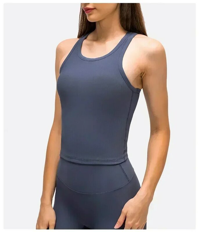 Limão-Ribbed Yoga Sport Vest com Peito para Mulheres, Tops de Ginásio, Camisa Sem Mangas, Regata, Running Fitness Underwear