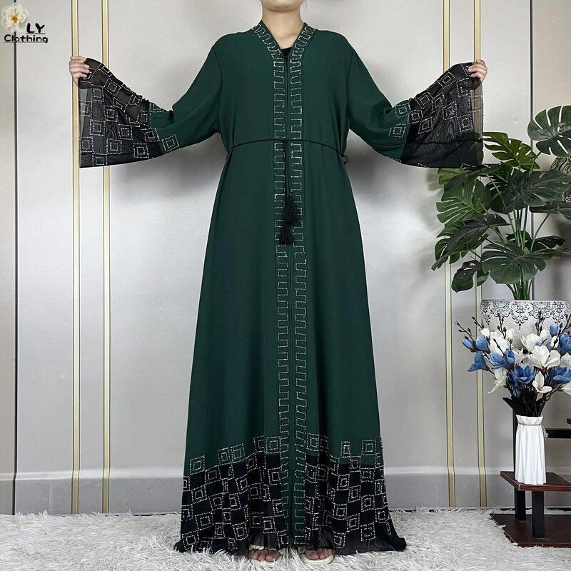Vestido elegante de gasa para mujer, traje de fiesta de Dubái, manga larga, Dashiki, musulmán, Abaya Africana abierta, 2024
