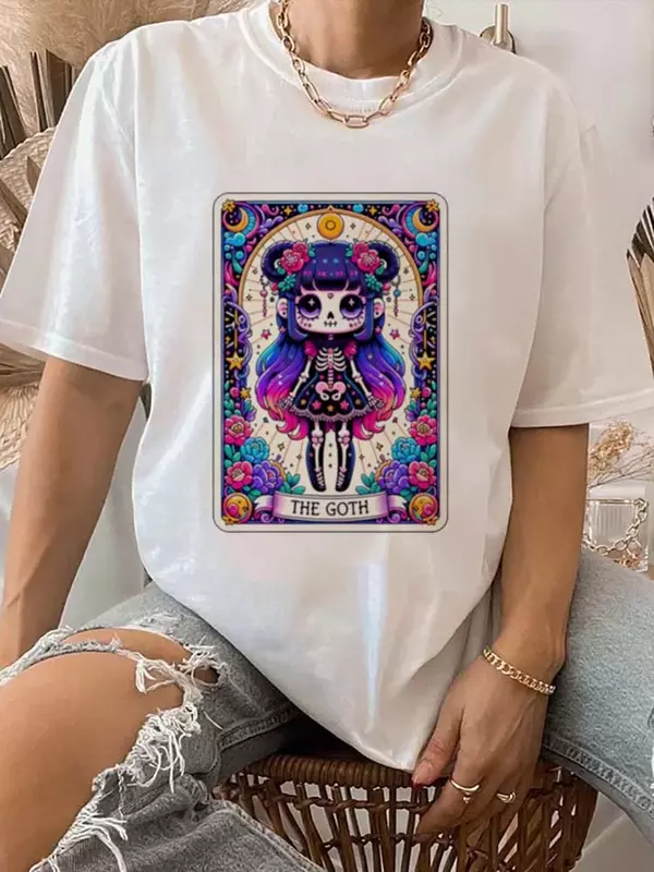 T-shirt imprimé goth pour femme, vêtement amusant de style urbain, avec motif de dessin animé, nouvelle collection été