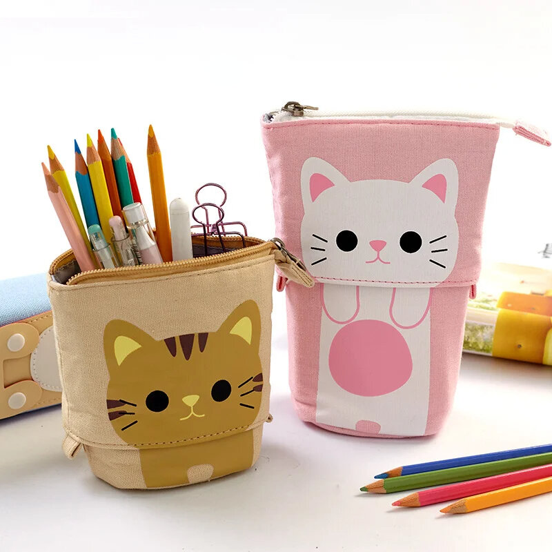 Lovely Cartoon Cat Telescopic Stand Stationery Bag Pencil Case Pouch Cosmetic Bags Storage Bag for Boys and Girls Gifts 2024