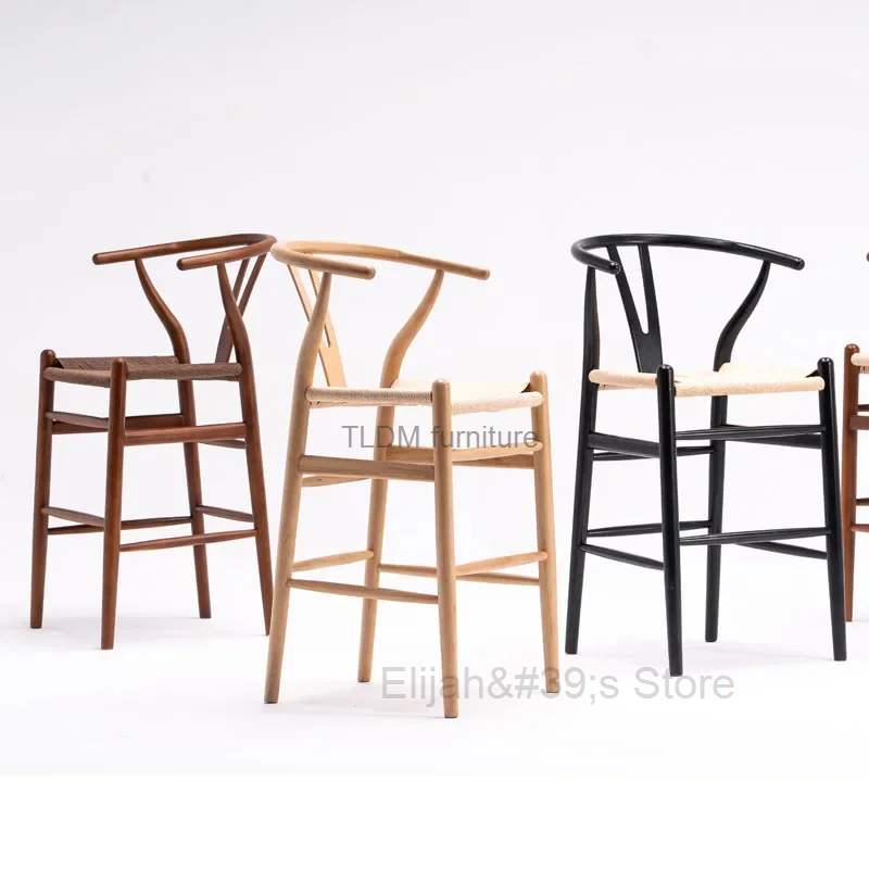 Nordic Solid Wood Bar Chairs Minimalist Cafe High Bar Stool Bar Furniture Creative Home Armchair Leisure Back Rattan Bar Chairs
