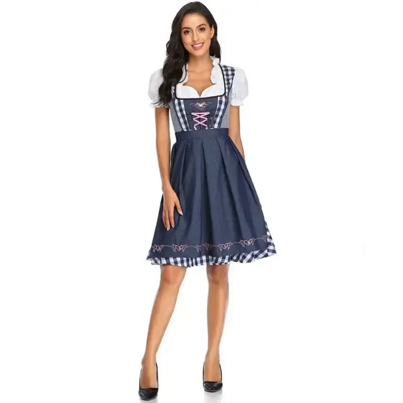 Traditional Bavarian Oktoberfest Costumes Plaid Dirndl Dresses Women Apron Dress German Beer Wench Maid Cosplay Party Dress