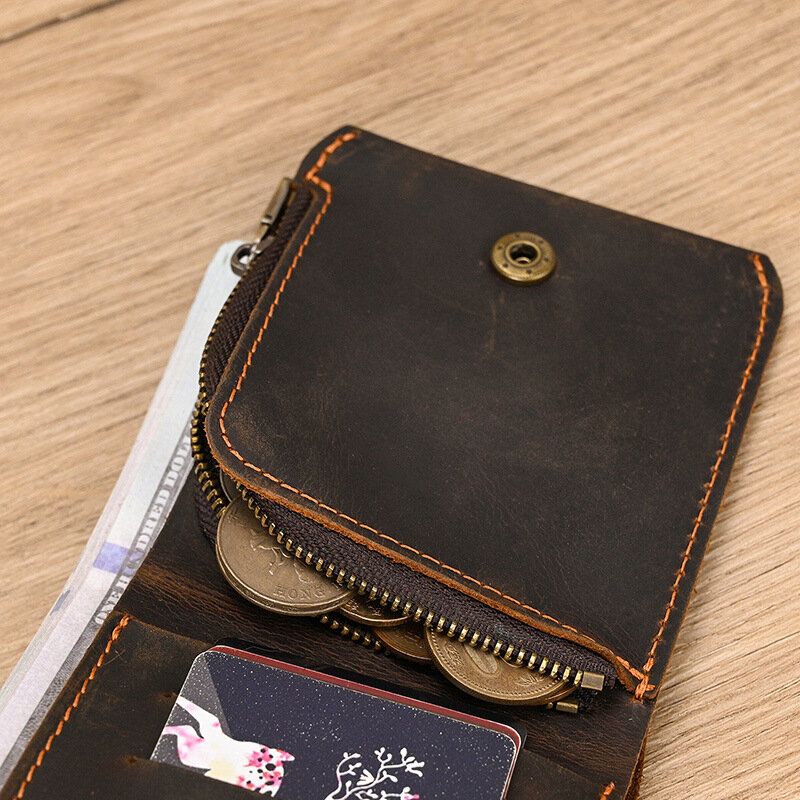 Portefeuille court en cuir vintage pour homme, poche à monnaie zippée