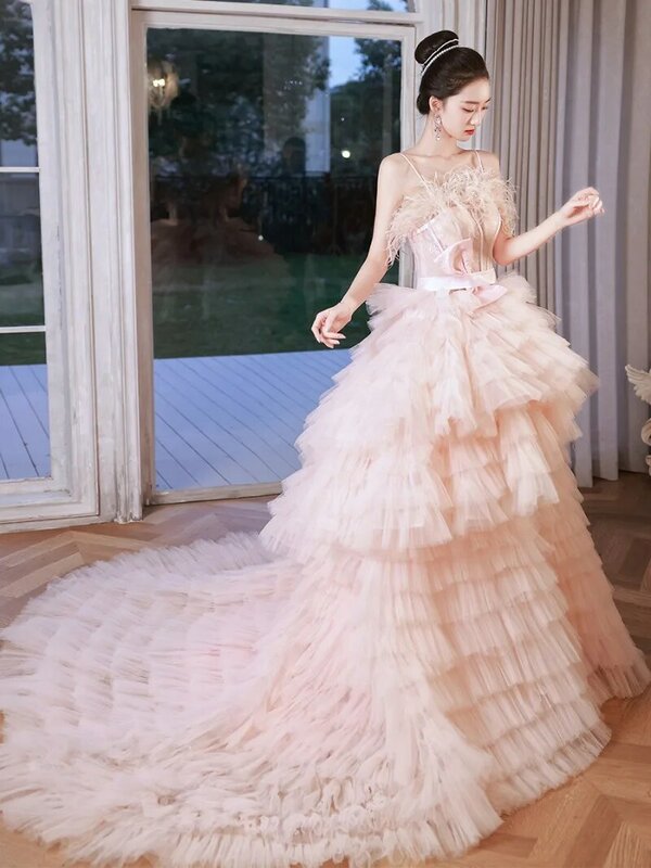 Retro Women's Prom Maxi Dresses Strap Sleeveless Sweet Feather Layered Cake Skirt Elegant Wedding Party Dress for Women Vestidos