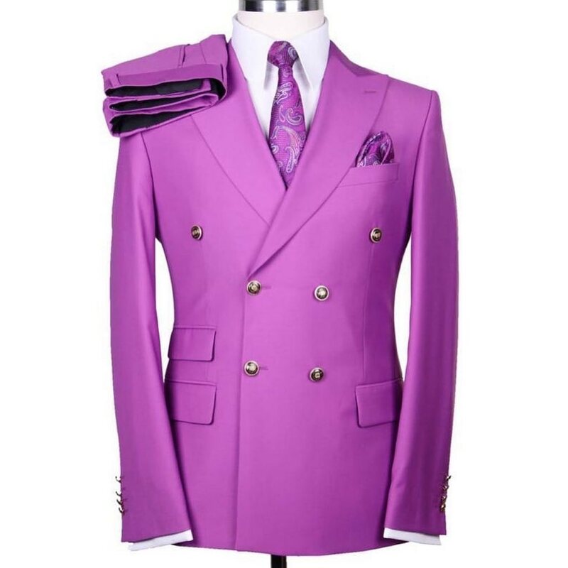 Formal Purple Men Suits Set Tailored Made Jacket 2 Piece Blazer+Pants Business Cotton Groom Wedding Tuxedo Double Breasted Coat