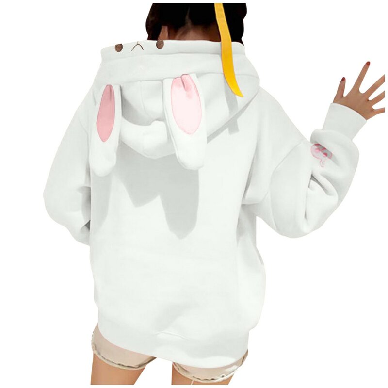 Kawaii ผู้หญิงกระต่ายหู Hoodies ญี่ปุ่นฤดูใบไม้ร่วงฤดูหนาวขนแกะนุ่มน่ารักการ์ตูน Hooded Oversized Hoody Hoody Top