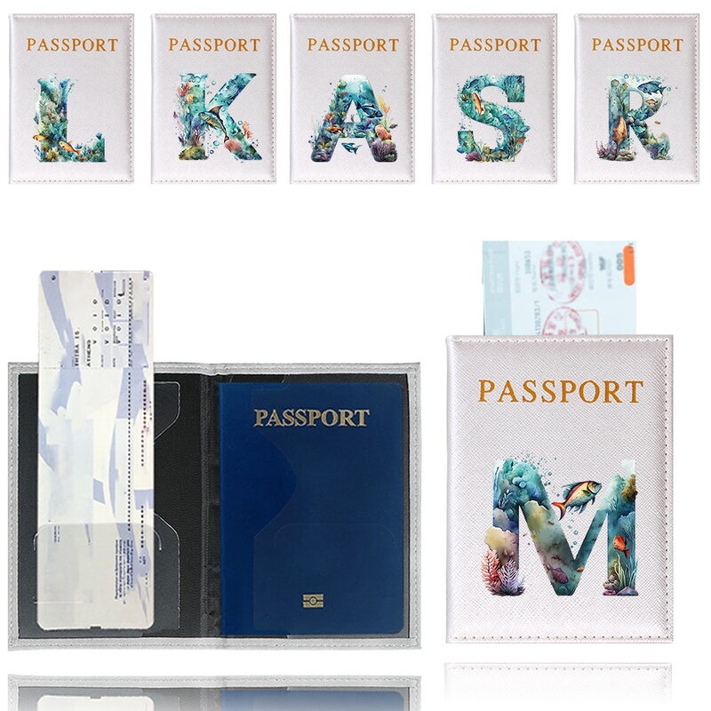 Funda protectora para pasaporte de viaje, soporte para pasaporte, Serie de impresión de letras de pescado, identificación, tarjetero de crédito