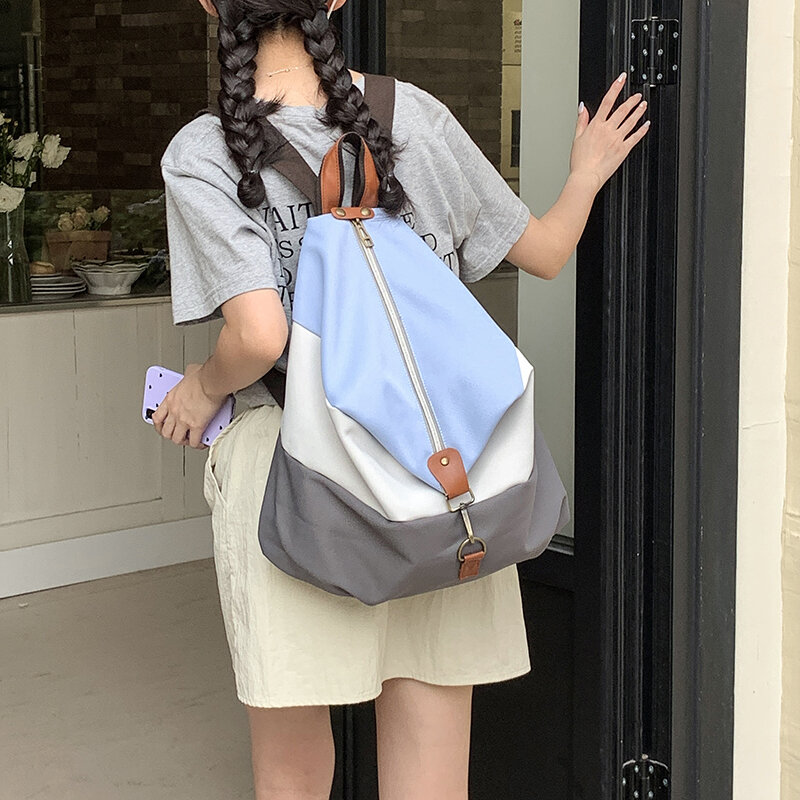 여성용 나일론 귀여운 학교 가방, 배낭 귀여운 캐주얼 작은 학생, 수평 그리드 컬러 블로킹 백팩