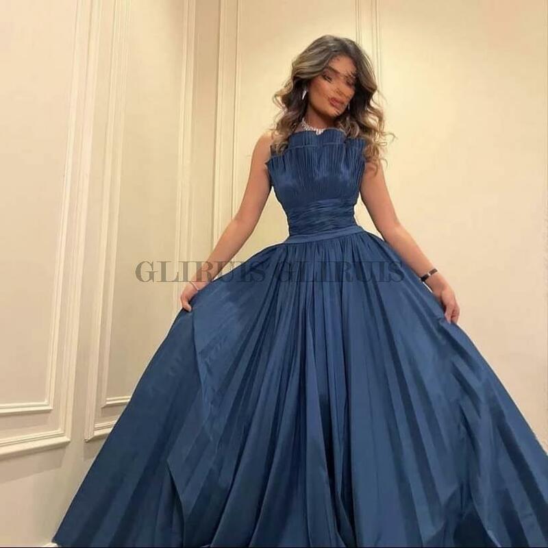 Gaun Prom Arab Saudi Biru Laut Jubah Panjang Tanpa Tali Gaun Malam Gaun Kontes untuk Wanita