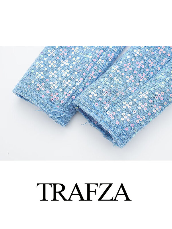 TRAFZA Women Spring Short Coats Blue O-Neck Long Sleeves Pockets Sequin Decoration Female Fashion High Street Style Jackets